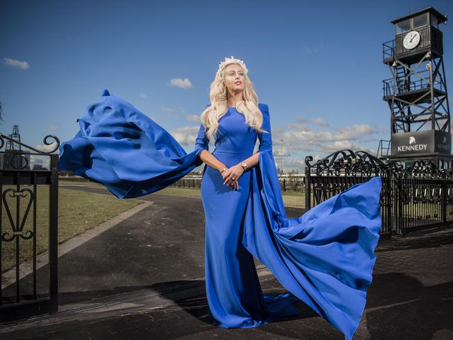 Posing for the Herald Sun as face of the new Kennedy Campaign at Flemington, wearing Alex Perry and Gregory Ladner from Myer. VRC announced the luxury watch and jewellery retailer Kennedy was sponsoring Oaks Day. Picture: Jason Edwards