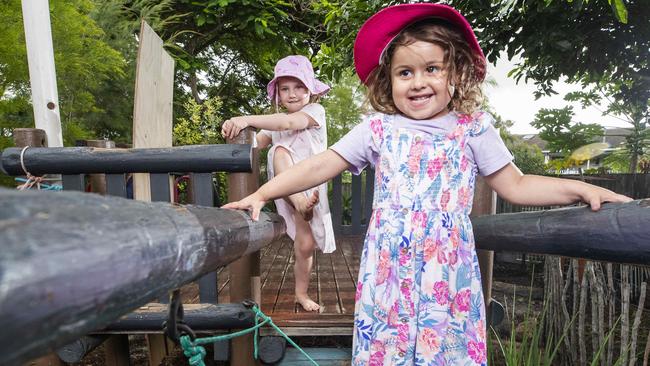 Eleanor Phillips and Felicity Matthews playing at Everton Park Child Care which has been rated excellent by the Australian Children's Education and Care Quality Authority. Photo Lachie Millard