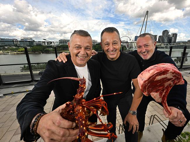 15/5/2024: The Gambaro brothers (L-R) Donny,  John and Frank on the deck outside  their new restaurant Ã¢â¬Å Black Hide Steak and SeafoodÃ¢â¬Â  which will open with the new Star Casino in Brisbane.  pic:  Lyndon Mechielsen/Courier Mail