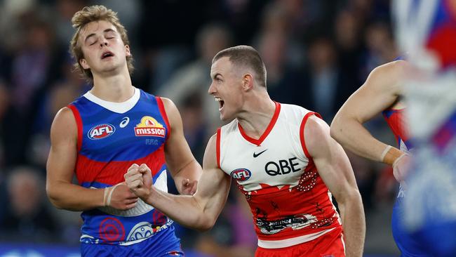 MELBOURNE, AUSTRALIA - MAY 23: Chad Warner of the Swans celebrates a goal during the 2024 AFL Round 11 match between the Western Bulldogs and the Sydney Swans at Marvel Stadium on May 23, 2024 in Melbourne, Australia. (Photo by Michael Willson/AFL Photos via Getty Images)