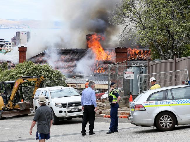 Flames rip through the roof of the Peacock Centre in North Hobart. Picture: SAM ROSEWARNE