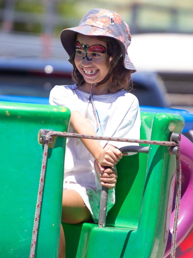 A young teacup rider enjoys the ride at the 2023 Murgon Show.