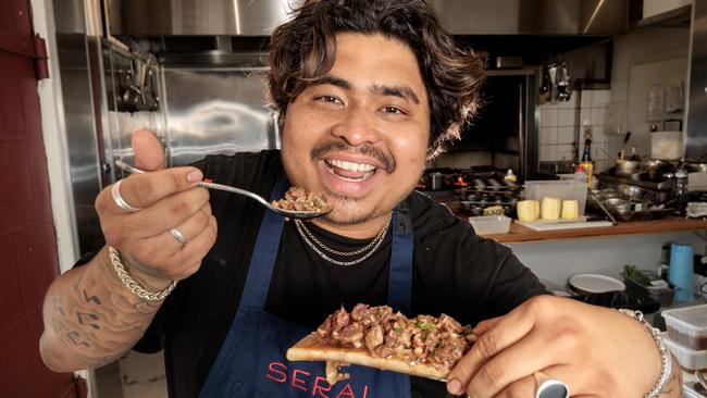 Serai chef Ross Magnaye tucks into kangaroo — one of the most ordered dishes on menus across Australia in 2022. Picture David Geraghty