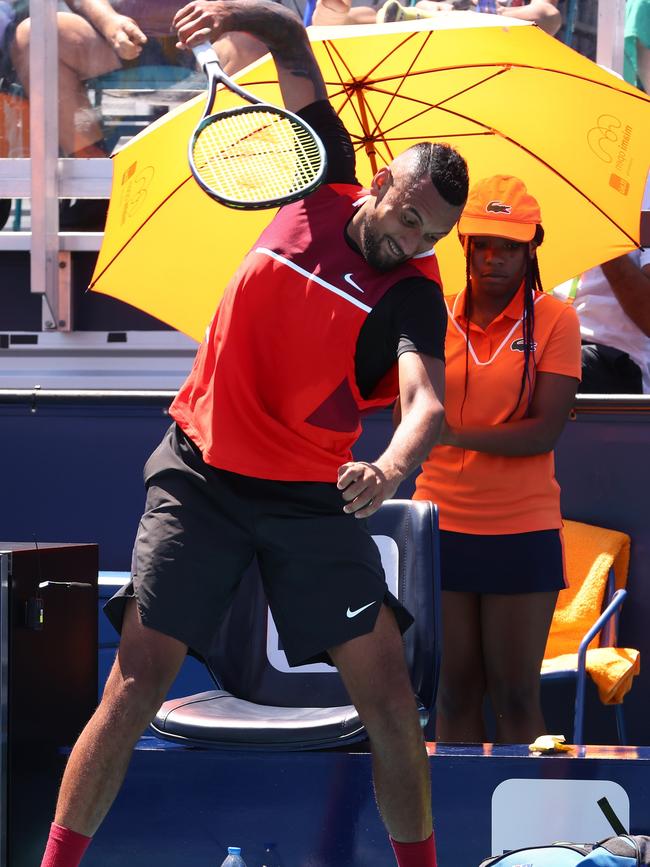 Kyrgios lost his cool … again. (Photo by Michael Reaves/Getty Images)