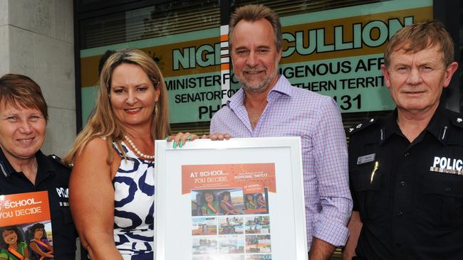 Senior NT Police, Commander Kate Vanderlaan and Superintendent Don Fry with Senator Nigel Scullion and Ingrid Stonhill at the prensentation of the new "AT School - You Decide" booklet...Picture: PHIL WILLIAMS