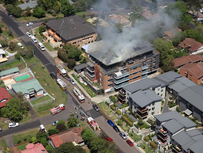 Aerial view of yesterday's fire in a unit block at North Gosford. Picture: Howath Aviation.