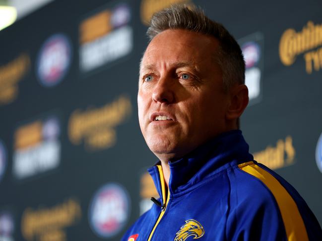 MELBOURNE, AUSTRALIA - OCTOBER 07: Matthew Clarke, West Coast List Manager speaks during the 2024 Continental Tyres AFL Trade Period at Marvel Stadium on October 07, 2024 in Melbourne, Australia. (Photo by Josh Chadwick/AFL Photos via Getty Images)