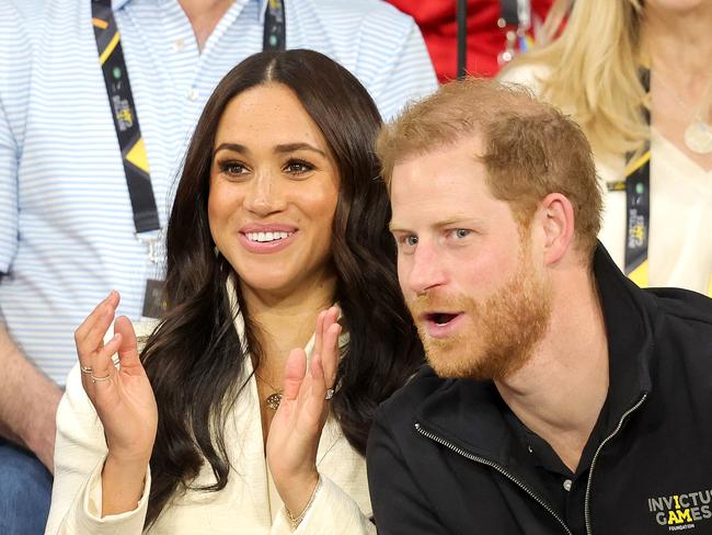 THE HAGUE, NETHERLANDS - APRIL 17: Prince Harry, Duke of Sussex and Meghan, Duchess of Sussex attend the sitting volleyball during day two of the Invictus Games The Hague 2020 at Zuiderpark on April 17, 2022 in The Hague, Netherlands. (Photo by Chris Jackson/Getty Images for the Invictus Games Foundation)