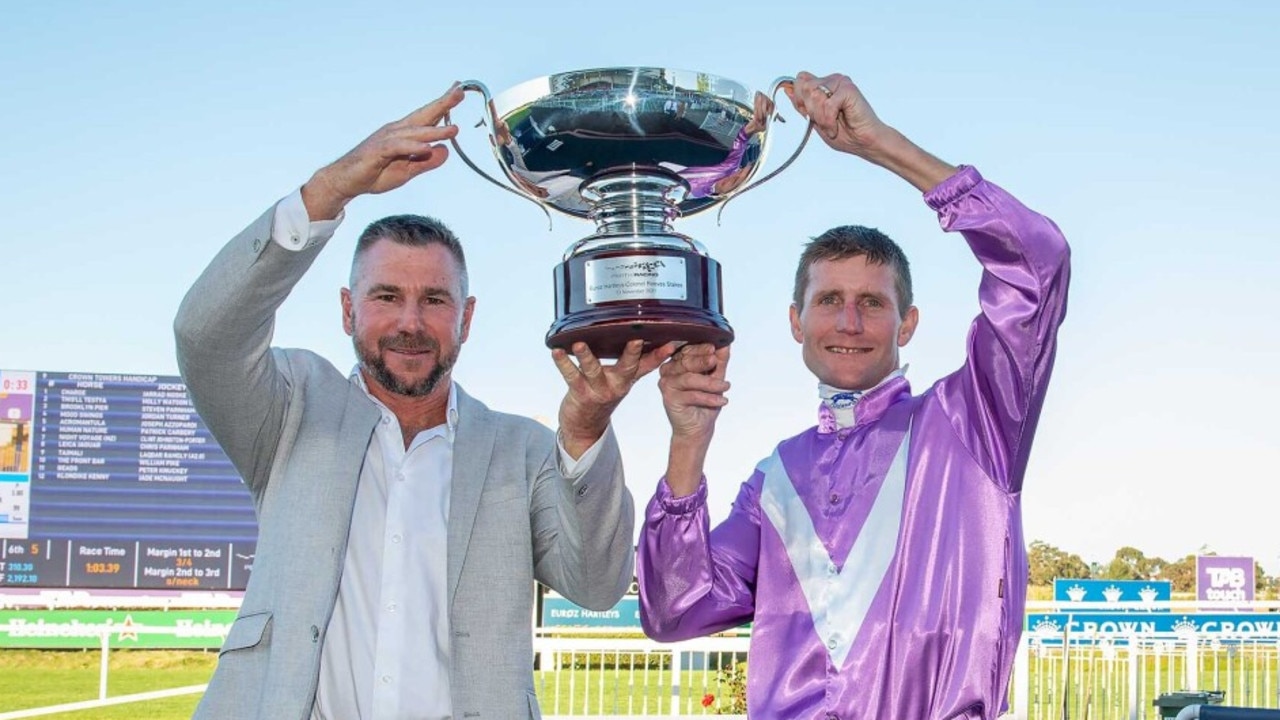 Jockey Brad Rawiller (right) and trainer Dan Morton (left) will chase a second Winterbottom Stakes crown with Elite Street at Ascot on Saturday. (Picture : Western Racepix).