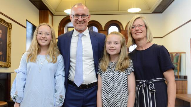 Former SA premier Jay Weatherill with daughters Lucinda and Alice and wife Melissa. AAP Image/Brenton Edwards