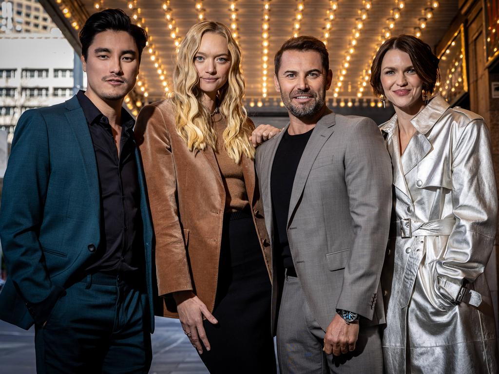 Remy Hii, Gemma Ward, Daniel MacPherson and Ruby Rose, who star in 2:22 A Ghost Story which is coming to Her Majesty’s Theatre. Picture: Jake Nowakowski