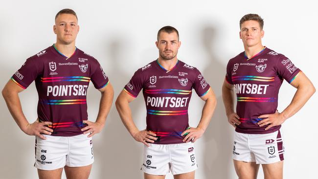 Manly's Sean Keppie, Kieran Foran and Reuben Garrick in the Sea Eagle's Pride jersey. Pic: Manly Digital