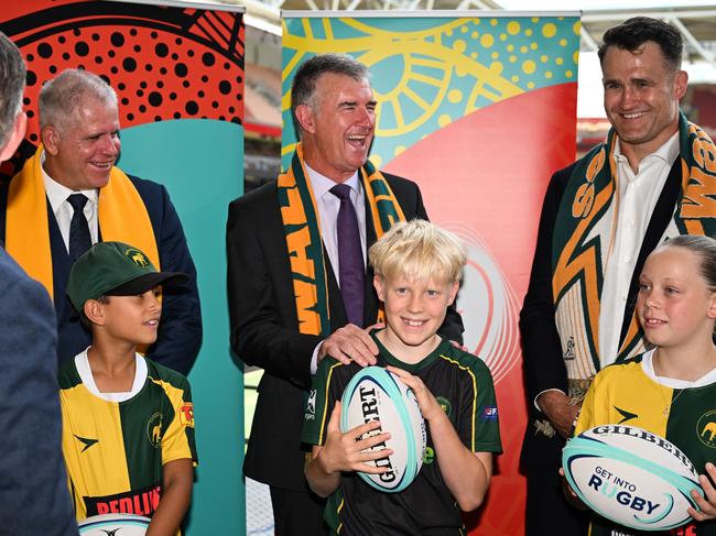 Former Wallabies captain James Horwill (right) helped announce Qld’s involvement in the 2027 Rugby World Cup. Picture: Dan Peled / NewsWire