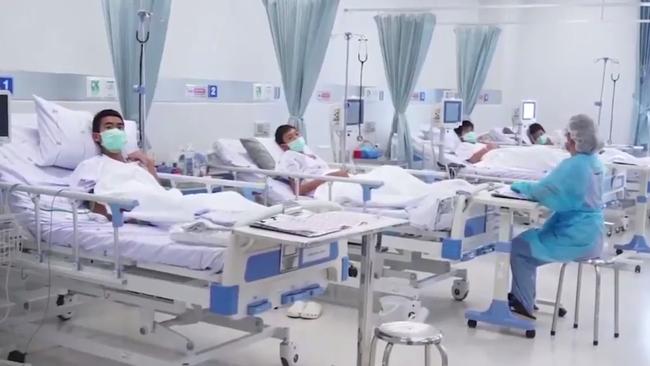 The boys recovering in a Chaing Rai hospital. Picture: AFP PHOTO / The government public relations department (PRD) and Government spokesman bureau