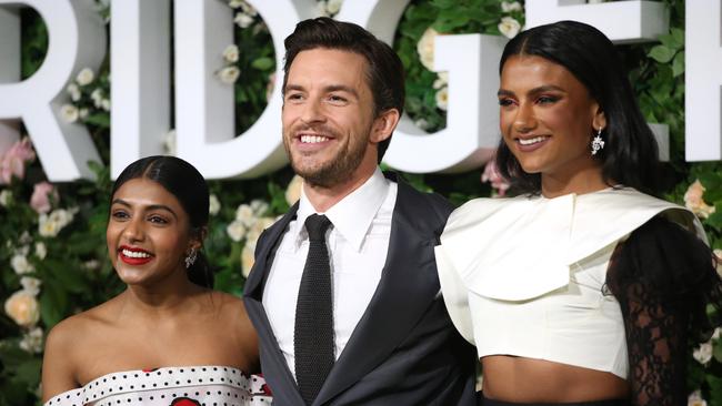 Charithra Chandran, Jonathan Bailey and Simone Ashley at the Bridgerton Series 2 world premiere at London’s Tate Modern. Picture: Getty Images