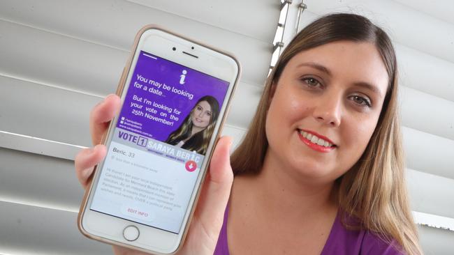 Independent candidate Saraya Beric has resorted to Tinder to try and get votes - she's also out and about on the hustings. Photo of her at Q Super Centre.Photo by Richard Gosling