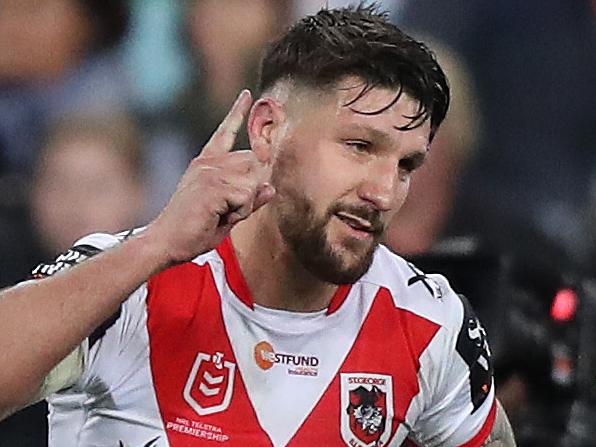 St George's Gareth Widdop celebrates his penalty kick to put the Dragons in the lead during the South Sydney v St George NRL match at ANZ Stadium, Homebush. Picture: Brett Costello