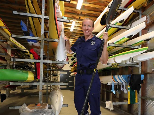 Olympic kayaker and frontline paramedic Jo Brigden- Jones at the AIS kayaking HQ on the Gold Coast, juggling her time between her two passions. Picture Glenn Hampson