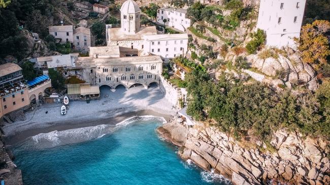 The beach and abbey of San Fruttuoso, near Camogli, Italy.