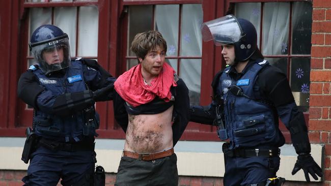 Police made seven arrests during the confrontation. Picture: Alex Coppel