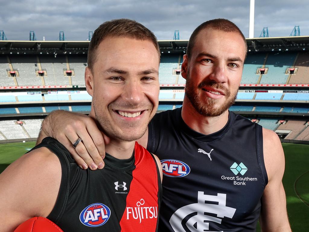 EXCLUSIVE PIC FOR SUNDAY PAGE 1 AFL brothers Ben (Essendon) and Harry (Carlton) McKay ahead of the blockbuster at the MCG on June 9. Picture: David Caird