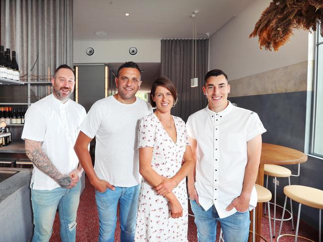 Carter Lovett chef Brett Hobbs, owners Jim Marinis and Mary-Jane Daffy and chef Lachlan Williams. Picture: Rebecca Michael.