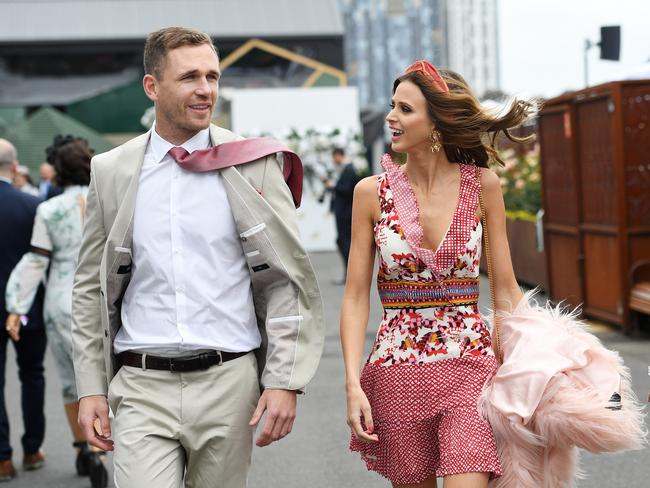 Joel Selwood and Brit Davis Melbourne Cup Day at Flemington in 2017. Picture: Tracey Nearmy/AAP