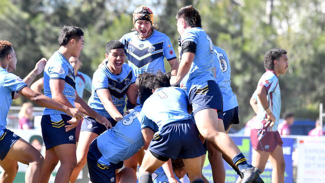 Mabel Park players celebrate a try Mabel Park. Picture, John Gass