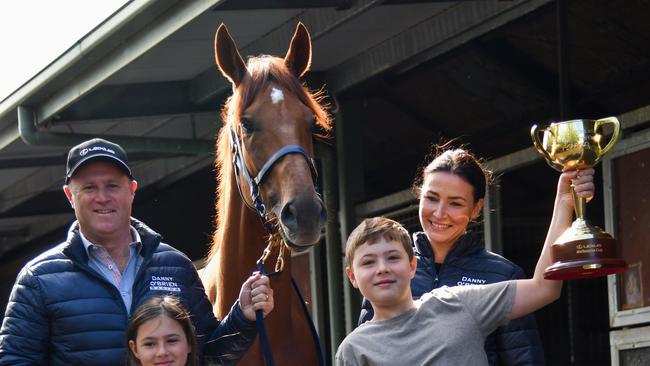 Vow And Declare after last year’s Melbourne Cup win. He’ll need to carry 5kg more to repeat the feat in 2020. Picture: AAP