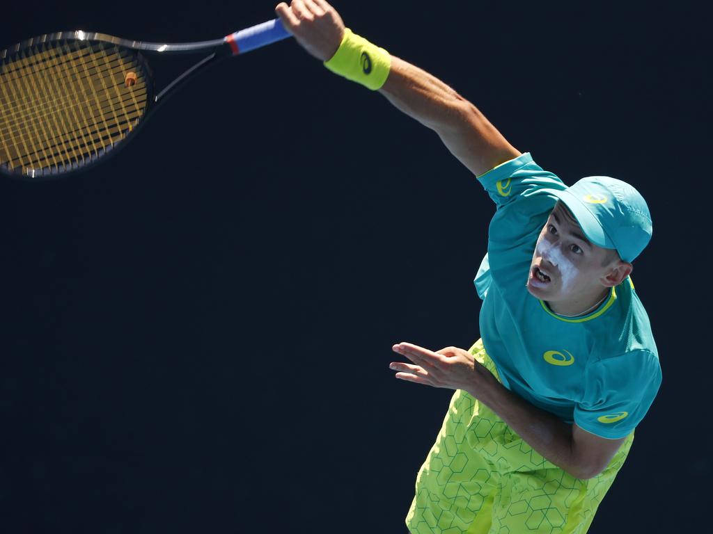 Alex de Minaur serves during the first round .Pic: Michael Klein