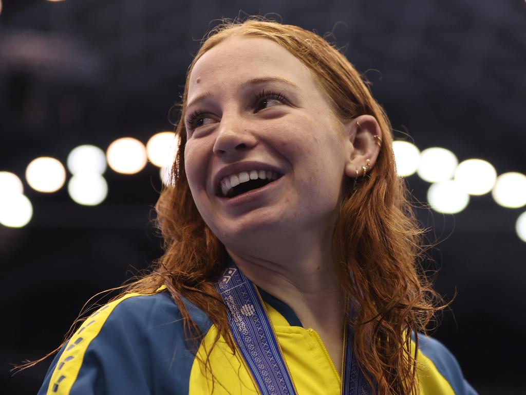 FUKUOKA, JAPAN - JULY 28: Gold medallist Mollie O'Callaghan of Team Australia reacts during the medal ceremony for the Women's 100m Freestyle Final on day six of the Fukuoka 2023 World Aquatics Championships at Marine Messe Fukuoka Hall A on July 28, 2023 in Fukuoka, Japan. (Photo by Sarah Stier/Getty Images)