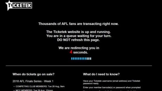 The message some footy fans were seeing from Ticketek.