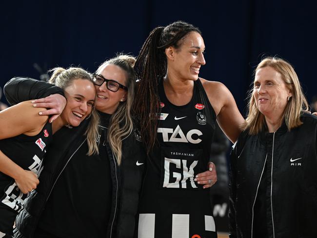 There were emotional scenes at the end of the Magpies’ last Super Netball clash.