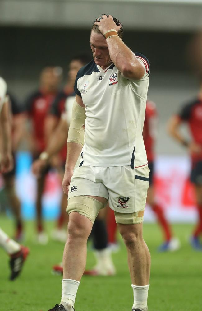 John Quill is sent off after tackling Owen Farrell. (Photo by David Rogers/Getty Images)