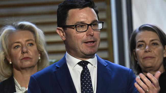 David Littleproud flanked by Nationals Senator for Victoria Bridget McKenzie (left) and Deputy Nationals Leader Senator Perin Davey. Picture: NCA NewsWire / Martin Ollman