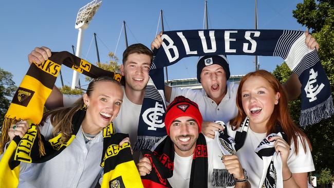 From left: Georgie Karsten, Harry Schaffer, Giacomo Zoccali, Jackson Voss and Charlotte Smillie are looking forward to the 2024 footy season. Picture: Ian Currie