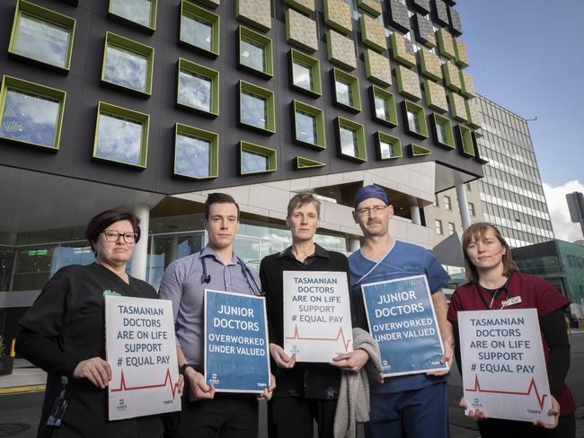 AMA protest at RHH, Emergency Physician Dr Eleanor Loughhead, Intensive Care Registrar Dr Kristof Wing, Consultant Psychiatrist Dr Victoria Jackson, TSMPS Secretary Dr Michael Lumsden- Steel and RMO Dr Elif Stoneman. Picture: Chris Kidd