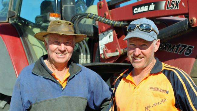 Family firm: Father and son Keith and Michael Rees run the 1800ha Sydenham Park farm at Beckom in southern NSW, producing prime lambs in tandem with grain and oil crops. Picture: Lindsay Hayes