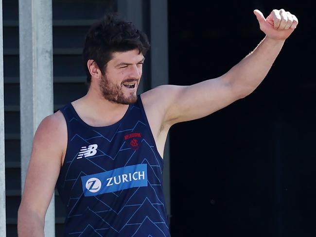 MELBOURNE, AUSTRALIA - September 11 , 2023. AFL.    Angus Brayshaw of the Demons during Melbournes training session at Casey Fields, Cranbourne   Photo by Michael Klein.