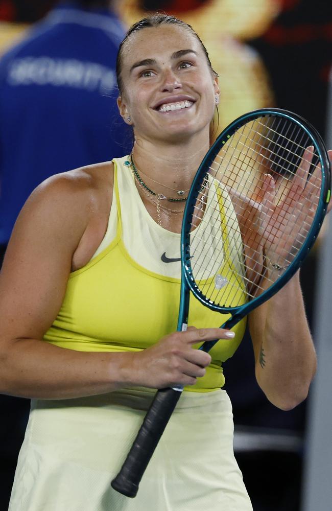 Aryna Sabalenka after defeating Paula Badosa on Rod Laver Arena. Picture: Michael Klein