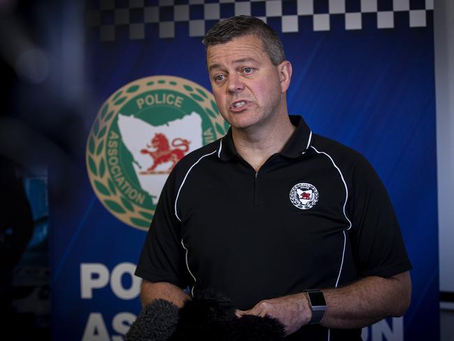 Police Association of Tasmania President, Inspector Colin Riley speaks to media following a Tasmania Police officer shooting a man dead in Brighton on Monday evening. Picture: LUKE BOWDEN