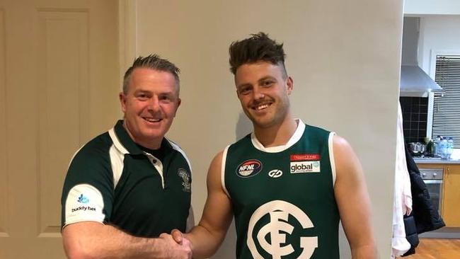 Greensborough coach Mick Harford with new signing Ben Fennell.