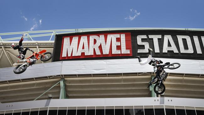 Nitro Circus riders perform on the front steps of Marvel Stadium ahead of their show  last month. Picture: David Caird