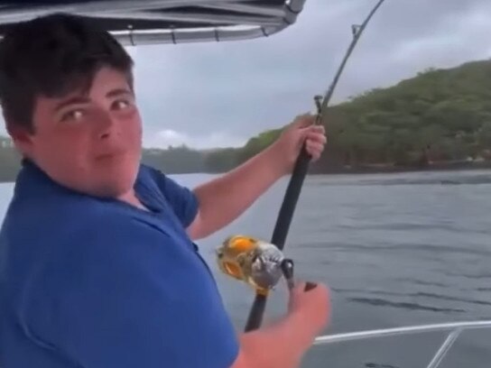 Addison Hodge, 15, was fishing with friends on the weekend when he caught a 2.8m bull shark. Picture: Mosman Collective