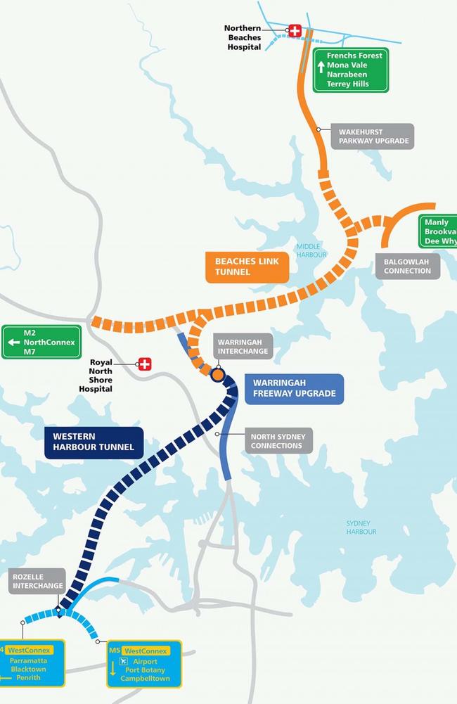 A draft map of Beaches Link and Western Harbour tunnels.