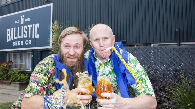 Ballistic Beer Co, which is based in Salisbury and West End, is celebrating its third birthday this month. Head brewer Lachy Crothers with brewer Aaron Payne. Photo: AAP/Renae Droop