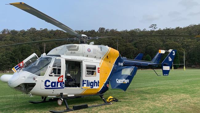 A CareFlight helicopter landed at St Patrick’s Marist College. Picture: CareFlight