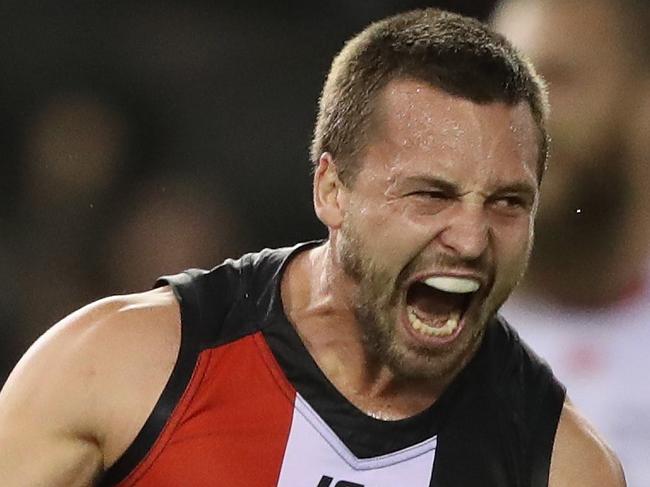 MELBOURNE, AUSTRALIA - JULY 17: Jarryn Geary of the Saints celebrates after scoring a goal during the round 17 AFL match between the St Kilda Saints and the Melbourne Demons at Etihad Stadium on July 17, 2016 in Melbourne, Australia. (Photo by Robert Cianflone/Getty Images)