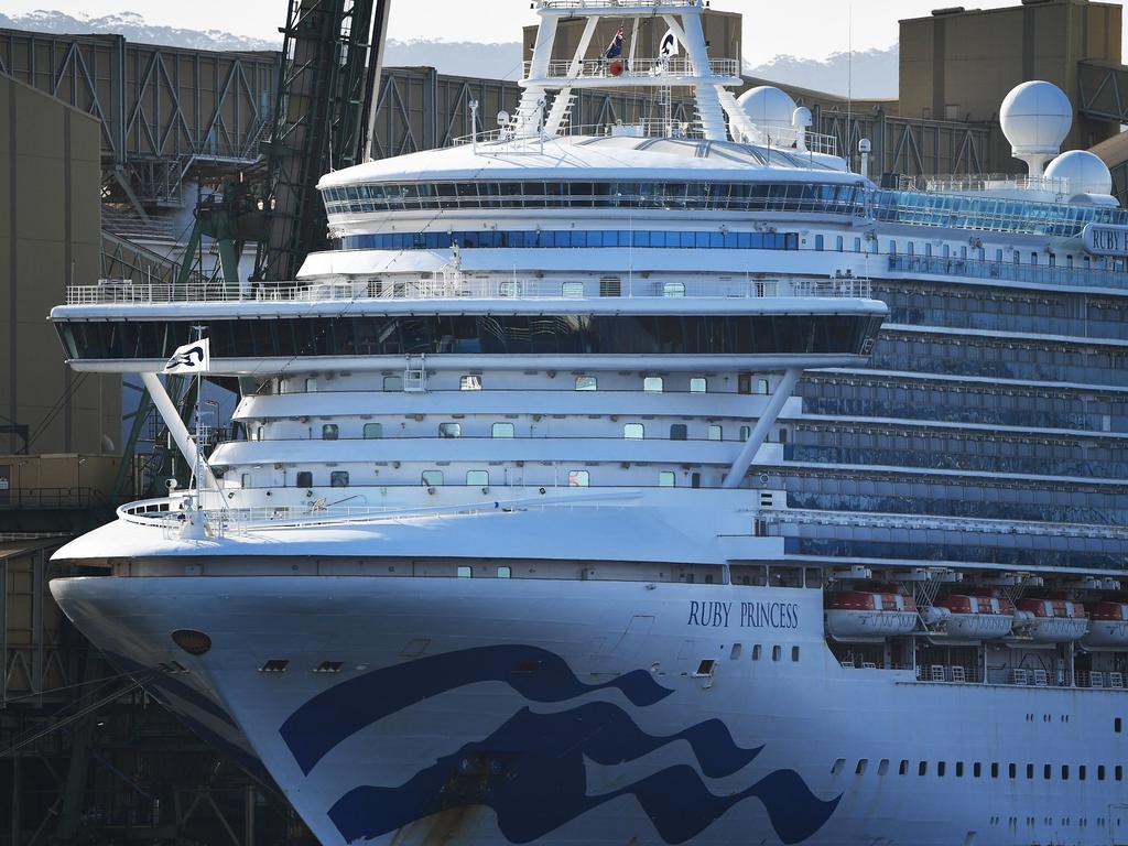 Cruise liner Ruby Princess docks at Port Kembla in April. Some 28 people died and more than 600 contracted COVID-19 after cruising on the ship. Picture: Saeed Khan/AFP