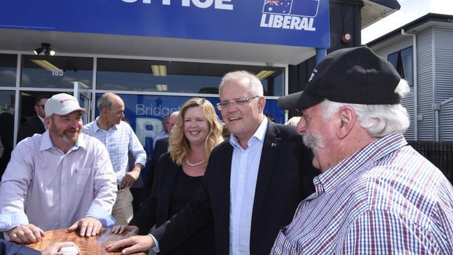 Australian Prime Minister Scott Morrison and Liberal candidate for Bass, Bridget Archer, greet Liberal supporters at the opening of the Liberal Party’s Bass campaign office in Launceston. Picture: AAP Image/Sarah Rhodes